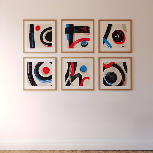 A collection of six bold abstract square paintings giving life to a blank wall